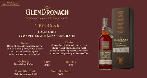 The Glendronach Batch 18 CASK #6049 1992 Pedro Ximenez Sherry 27 Year Old 700ml